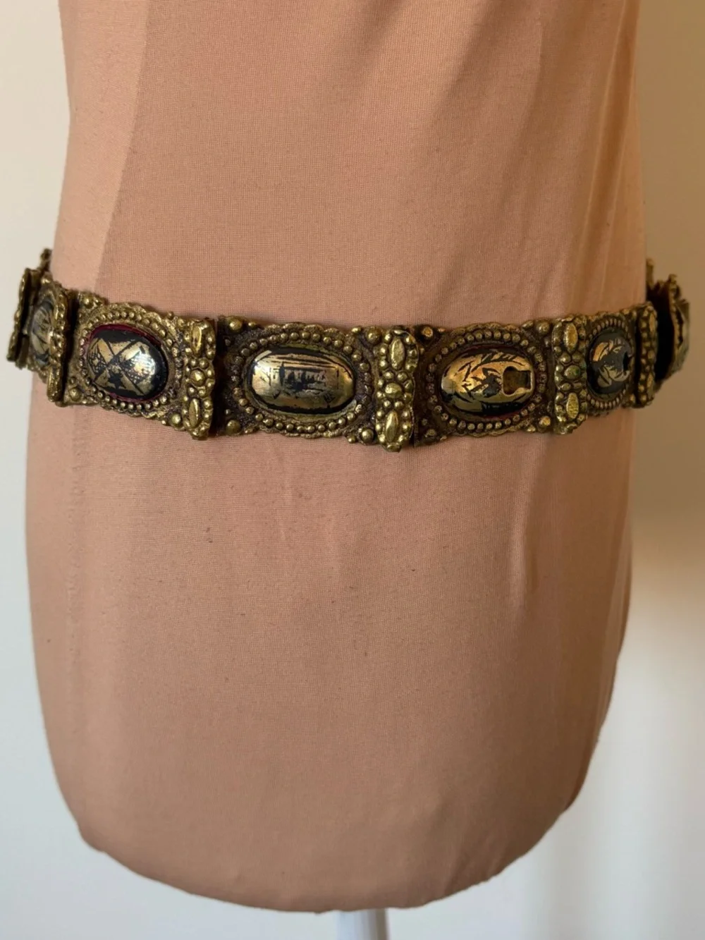 19th Century Antique Ottoman Turkish c1800s Brass Niello Paneled Pictorial Belt